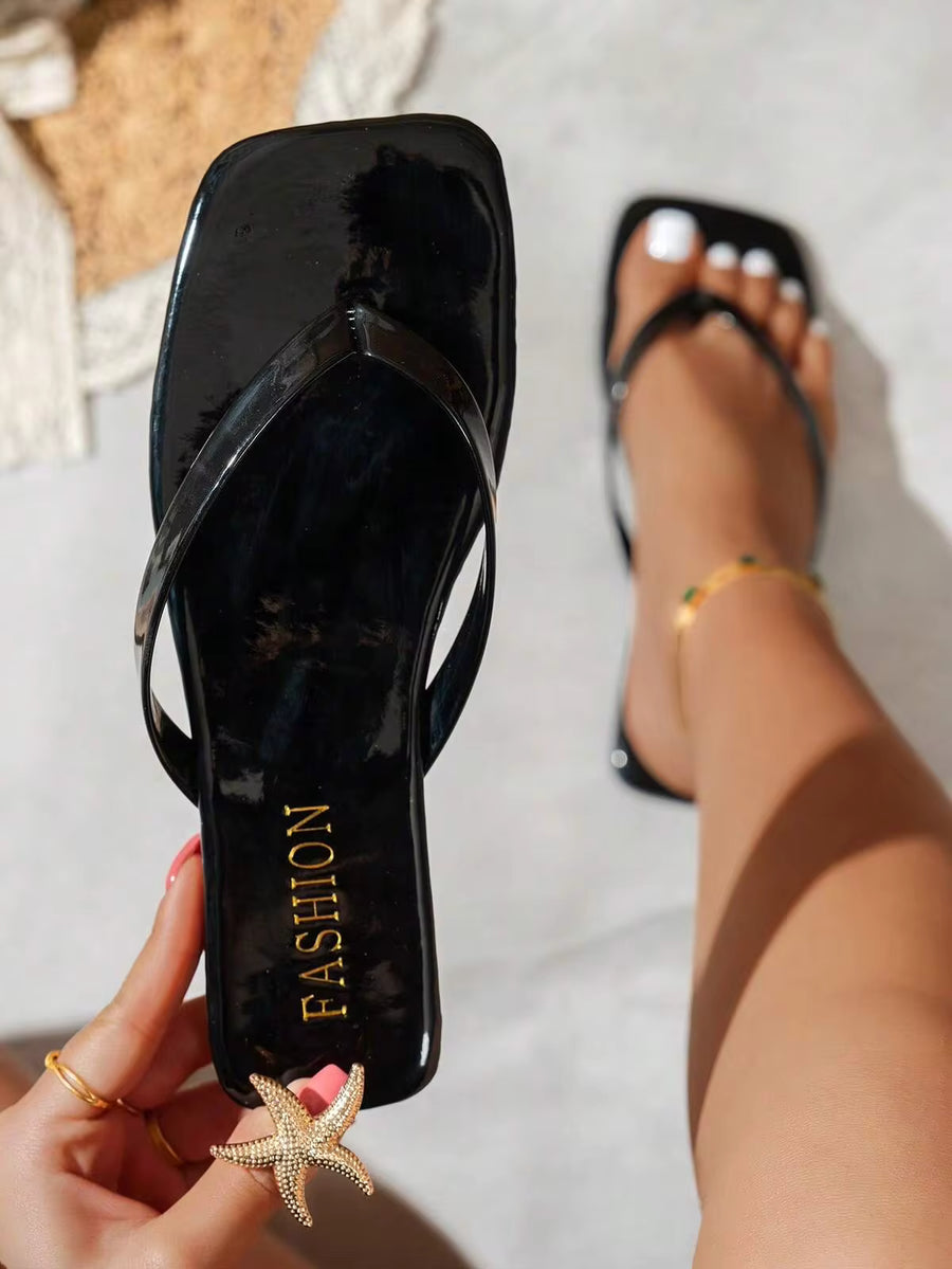 Women's Summer Square Toe Flip Flops, Comfortable Sandals, Glossy Fashion Flat Slippers For Home, Outing, Party, Beach